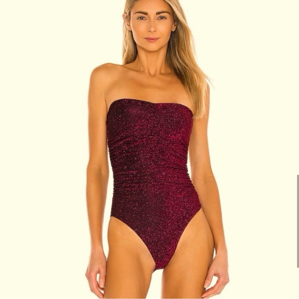 PQ Swim Garnet Glitter Ruched Bandeau One piece Swimsuit - Small - NWT